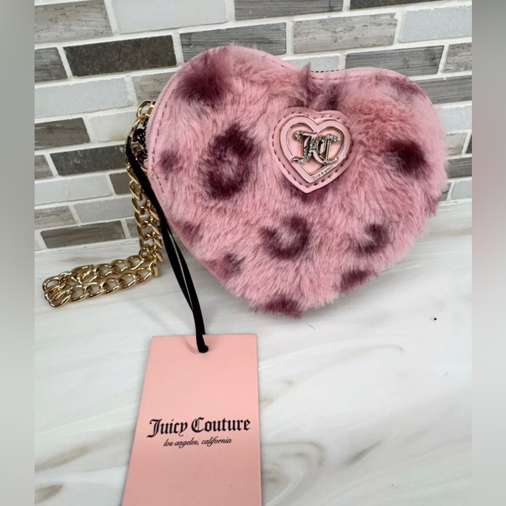 Juicy Couture pink leopard Get Cozy Heart Zip-Around Wallet on Chain Wristlet